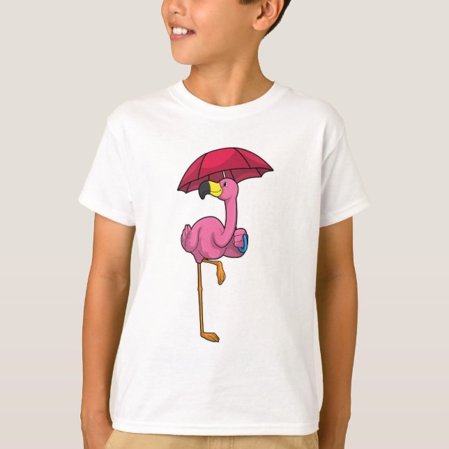 T-shirt Flamant rose à la pluie avec parapluie (Devant)