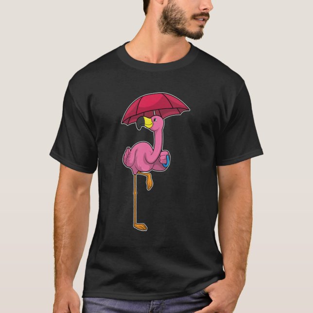 T-shirt Flamant rose à la pluie avec parapluie (Devant)