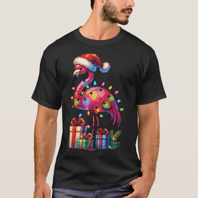 T-shirt Flamant rose Avec Noël Chapeau Noël Noël Tropical  (Devant)