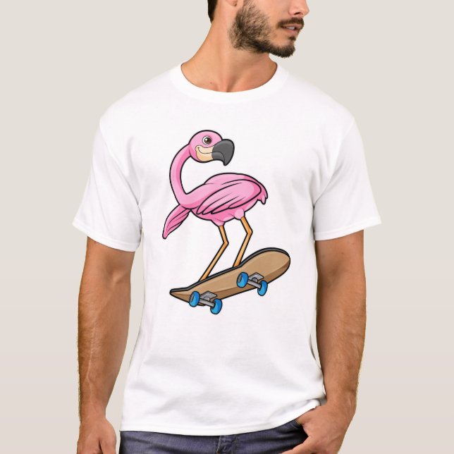 T-shirt Flamant rose comme Patineur avec Skateboard (Devant)