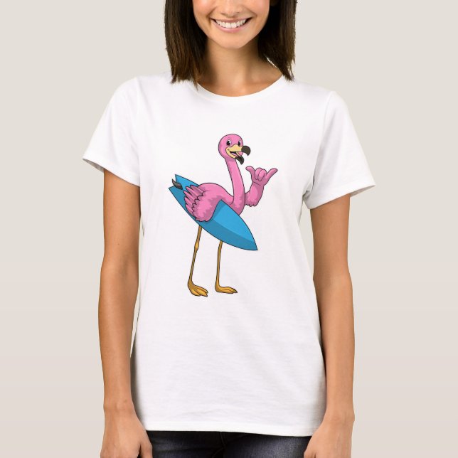 T-shirt Flamant rose comme Surfer avec Surfboard (Devant)