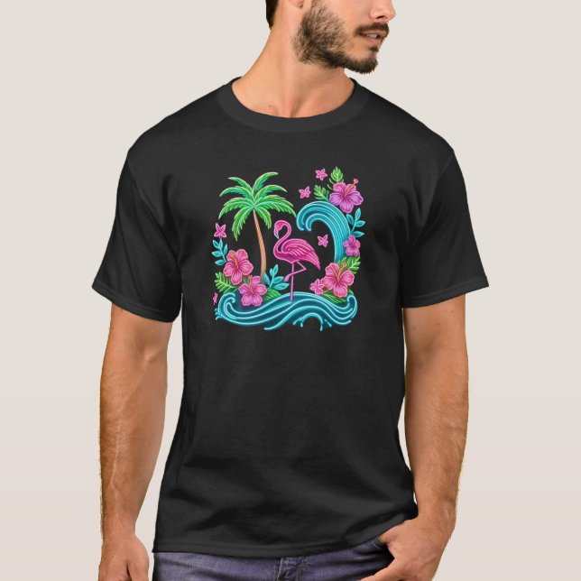 T-shirt Flamant rose de néon tropical (Devant)