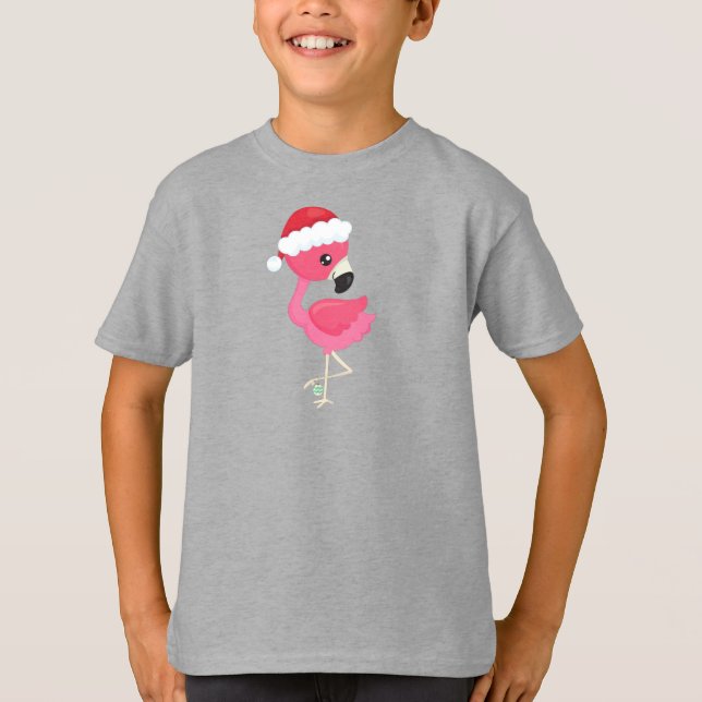 T-shirt Flamant rose de Noël, Flamant rose rose, Santa Hat (Devant)