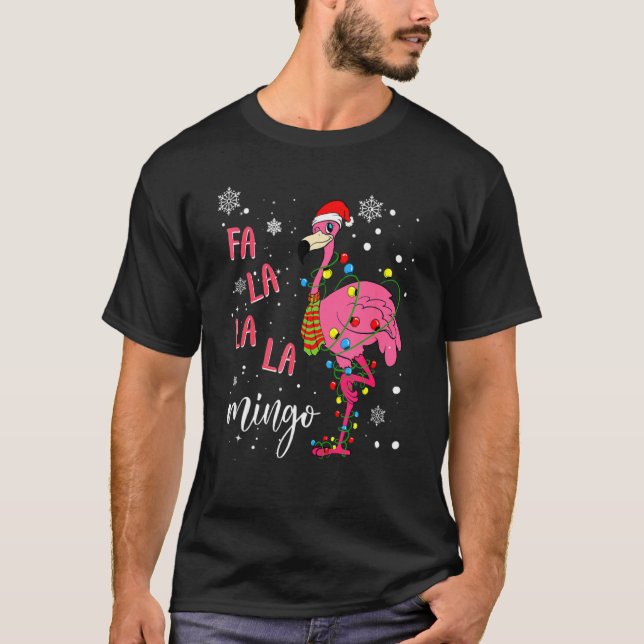 T-shirt Flamant rose de Noël Santa Hat Jeu de lumières Fla (Devant)