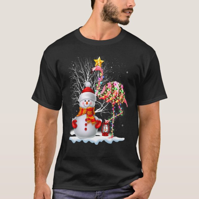 T-shirt Flamant rose Noël Arbre Snowman Santa Hat Flamant  (Devant)