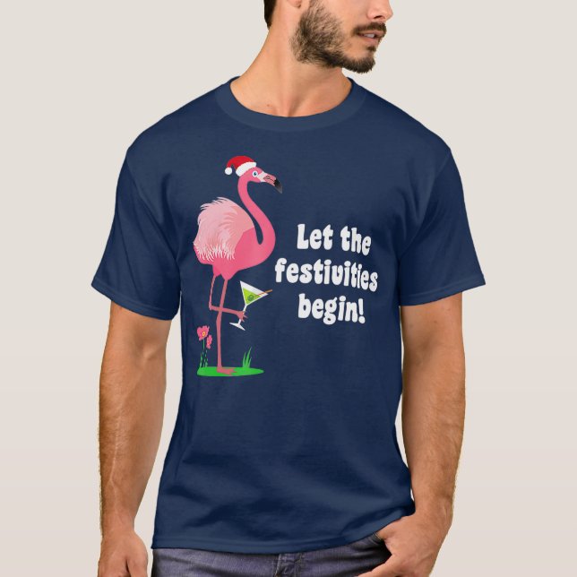 T-shirt Flamant rose Noël Bird w Martini Glass Drôle (Devant)