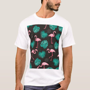T-shirt Flamant rose, palmiers feuilles : aquarelle tropic