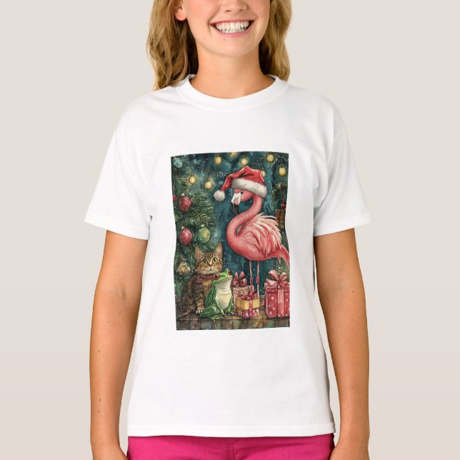 T-shirt Flamant rose rose Chat & Grenouille Noël tropical (Devant)