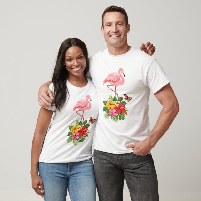 T-shirt Flamant rose rose & Hibiscus Tropical Fancy T-Shir (Unisexe)
