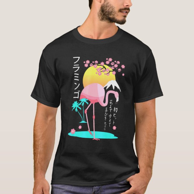 T-shirt Flamant rose rose mens costume Fuji Yama Japon lev (Devant)