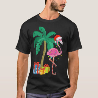 T-shirt Flamant rose rose Noël Palmier Tropical Xmas Fu