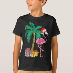 T-shirt Flamant rose rose Noël Palmier Tropical Xmas Fu