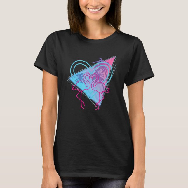 T-shirt Flamant rose rose Palmiers 80s Vaporwave Tropical  (Devant)