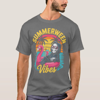 T-shirt Flamant Rose Squelette Fête d'été Étrange Plage Ét