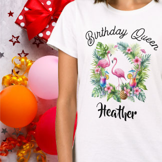 T-shirt Flamant rose tropical Reine d'anniversaire