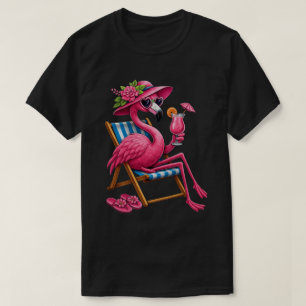 T-shirt Flamant Tropical Se Détendant Sur Chaise De Plage