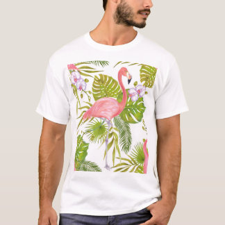 T-shirt Flamants roses, orchidées : motif aquarelle.