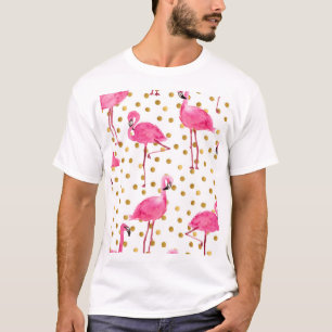 T-shirt Flamants roses, points dorés, aquarelle.