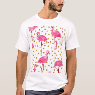 T-shirt Flamants roses, points dorés, aquarelle.