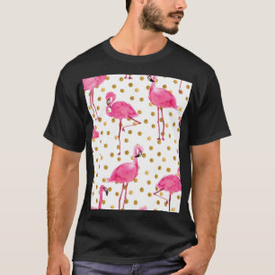 T-shirt Flamants roses, points dorés, aquarelle.