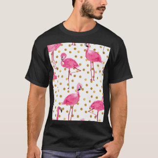 T-shirt Flamants roses, points dorés, aquarelle.