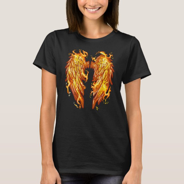 T-shirt Flaming Angel Wings On Back Fire Feathers (Devant)