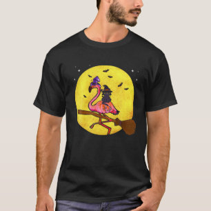 T-shirt Flamingo Bird Riding Broom With Black Cat Hallowee