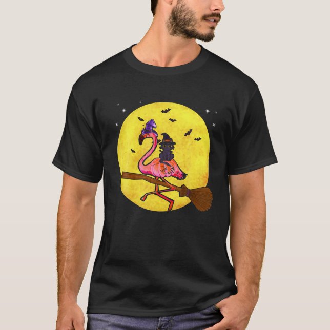 T-shirt Flamingo Bird Riding Broom With Black Cat Hallowee (Devant)