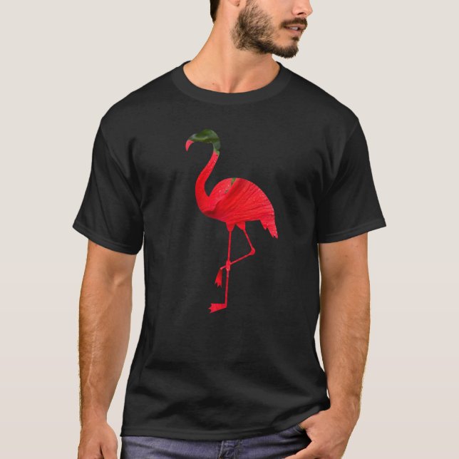 T-shirt Flamingo Bird Silhouette with Red Hibiscus Flower  (Devant)