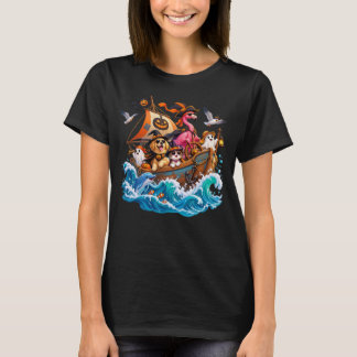 T-shirt Flamingo Chien Chat Bateau en Bois Océan Promenade