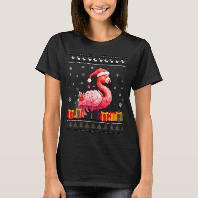 T-shirt Flamingo Christmas Santa Hat Ugly Christmas Sweate (Devant)