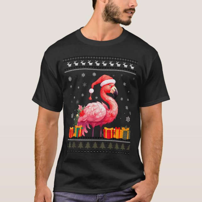 T-shirt Flamingo Christmas Santa Hat Ugly Christmas Sweate (Devant)