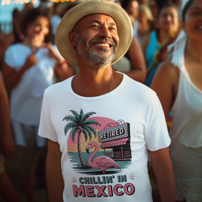 T-shirt Flamingo Expat Retirement Mexico Beach Life (smiling happy man wearing Retired in Mexico flamingo beach theme t-shirt)