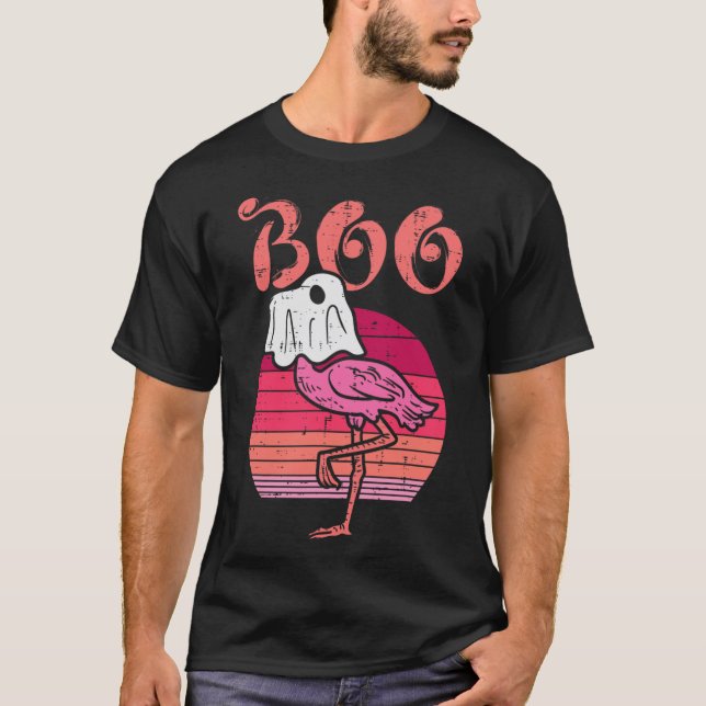 T-shirt Flamingo Ghost Boo Pink Sunset Retro Halloween Bir (Devant)