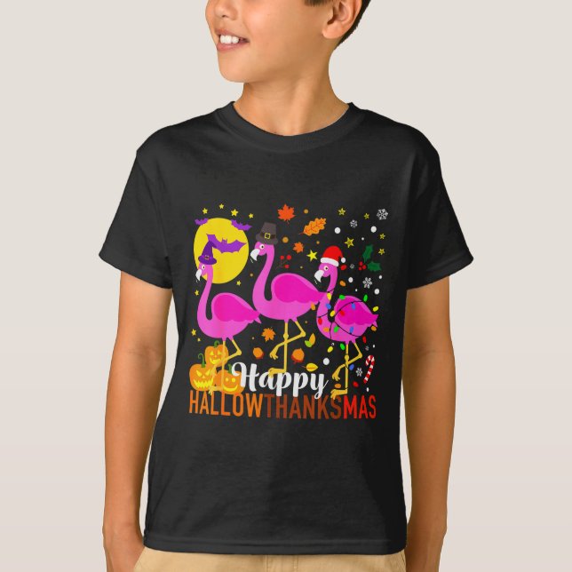 T-shirt Flamingo Halloween Thanksgiving Christmas Hallowth (Devant)