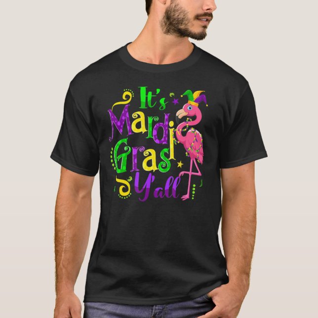T-shirt Flamingo It's Mardi Gras Y'all Jester Hat Mask Bea (Devant)