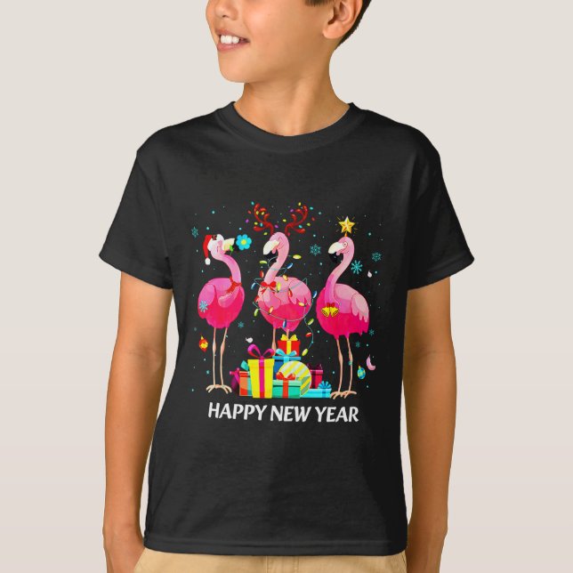 T-shirt Flamingo Santa Hat Happy New Year Light Long Sleev (Devant)