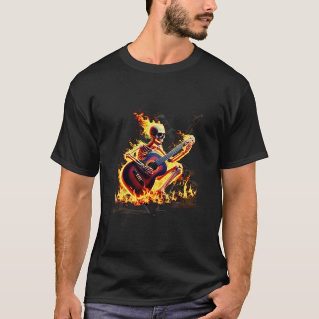 T-shirt Flamme Squelette Guitariste - Rock On Fire! (Devant)
