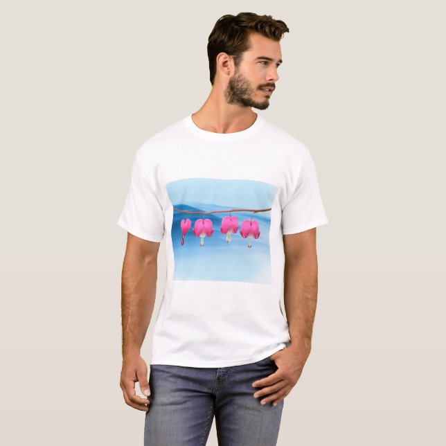 T-shirt Fleur coeur rose saignant sur Arrière - plan bleu (Devant entier)
