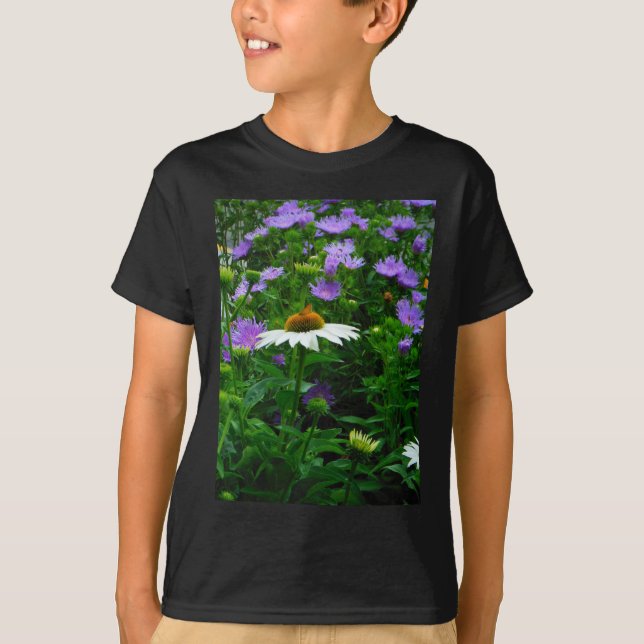 T-shirt Fleur de cône blanc, fleurs pourpres et papillon (Devant)
