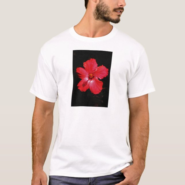 T-shirt Fleur d'Hibiscus rouge rose chaud sur noir (Devant)