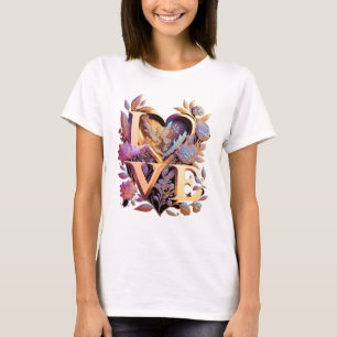 T-shirt Fleur élégante, coeur et amour doré