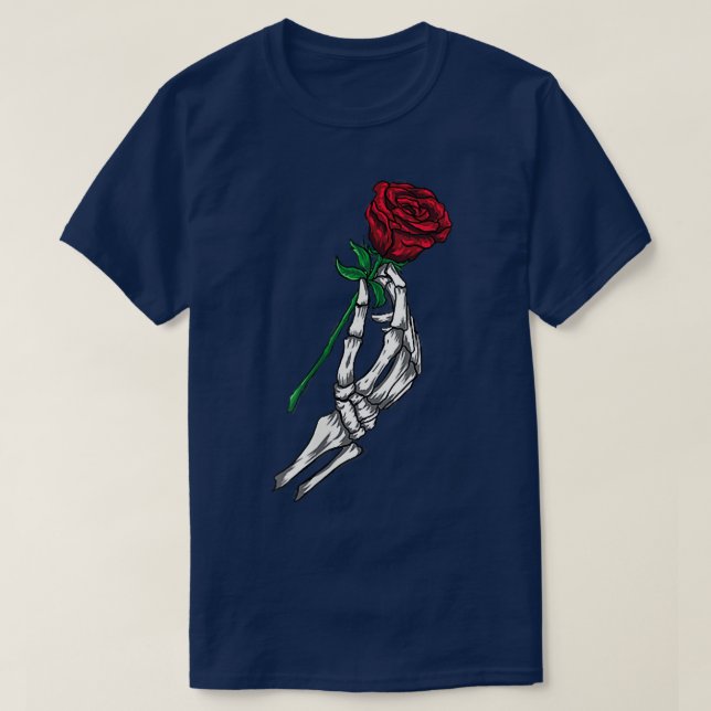 T-shirt Fleur, Squelette main tenant Rose rouge  (Design devant)