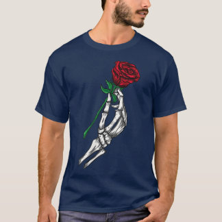 T-shirt Fleur, Squelette main tenant Rose rouge 