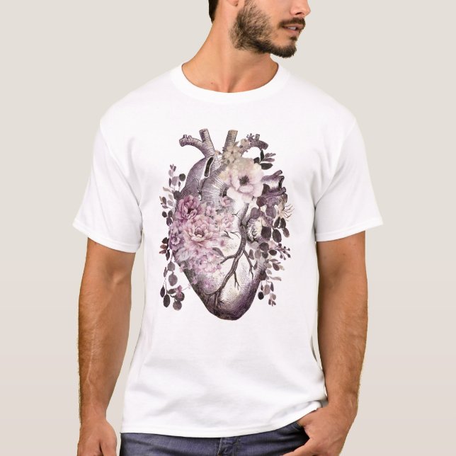T-shirt fleurir coeur floral anatomie humaine couleur rose (Devant)