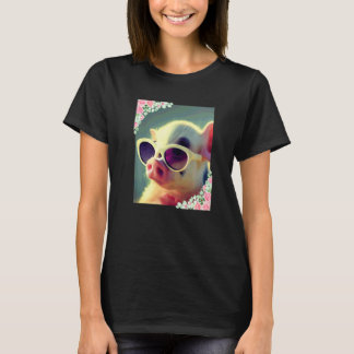 T-shirt Fleurs aquarelles et cochon portant des lunettes d