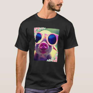 T-shirt Fleurs aquarelles et cochon portant des lunettes d