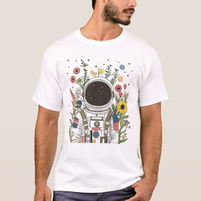 T-shirt fleurs astronautes et galaxies (Devant)