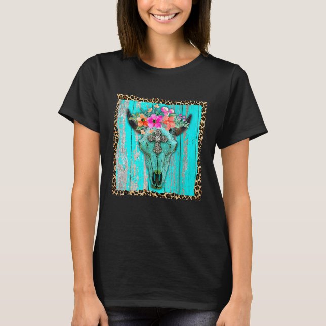 T-shirt Fleurs Boho Occidentales Taureau de vache Turquois (Devant)