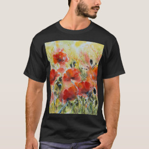 T-shirt Fleurs de pavot rouge, aquarelle douce.